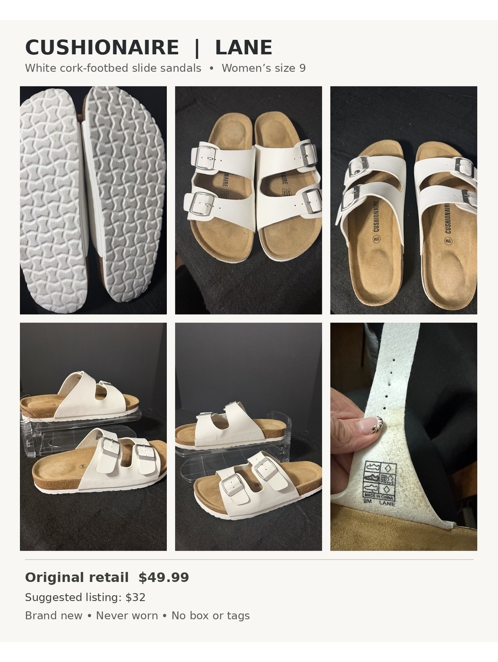 CUSHIONAIRE Lane White Double-Buckle Cork Footbed Sandals, Size 9
